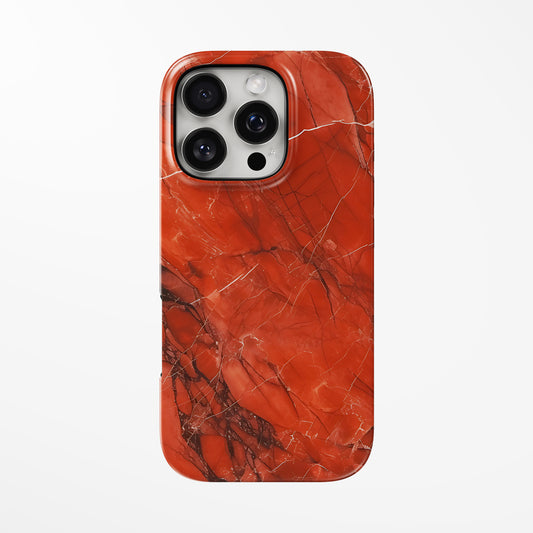 Front view of dark-red Crimson Ember Marble MagSafe iPhone Tough Case by Marivor