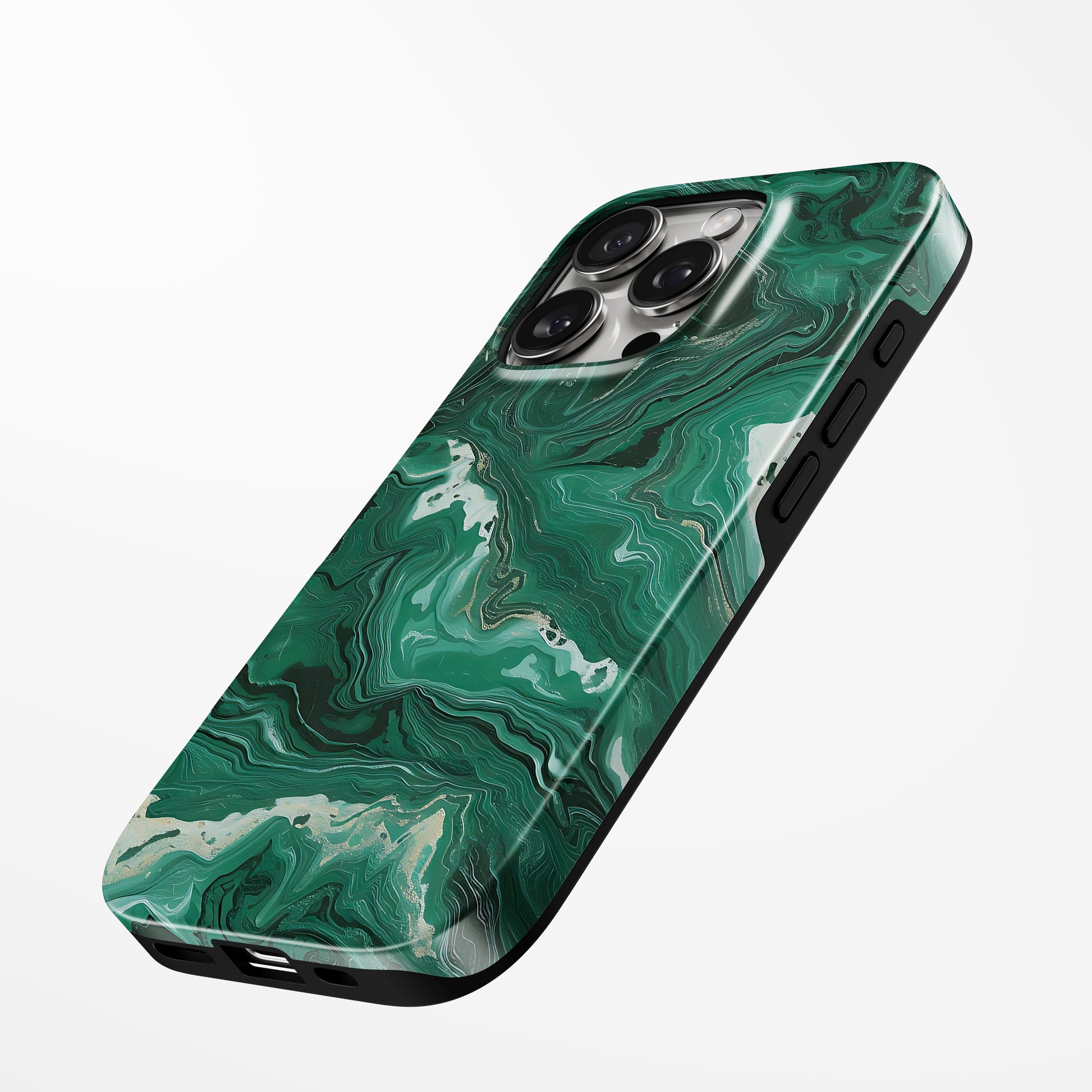 Charging port and volume up/down buttons with  Emerald Swirl Marble Iphone Tough Case by Marivor