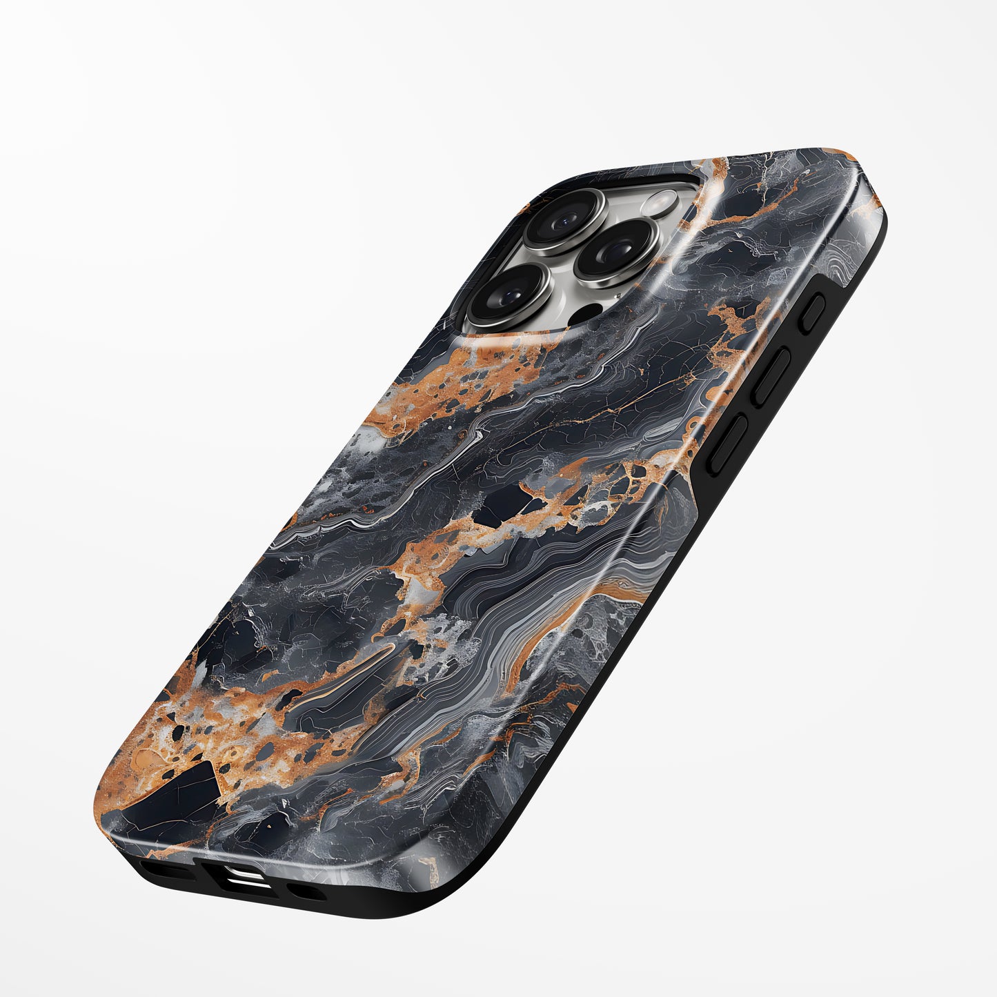 Charging port and volume up/down buttons with  Espresso Swirl Magsafe Tough Iphone Case by Marivor