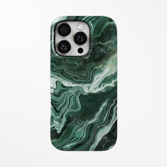 Front view of green Jade Storm Marble MagSafe iPhone Tough Case by Marivor