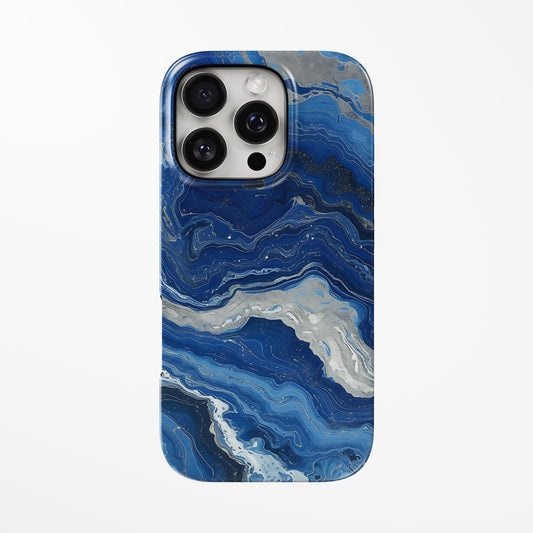 Front view of dark-blue Midnight Ocean Marble MagSafe Tough iPhone Case by Marivor