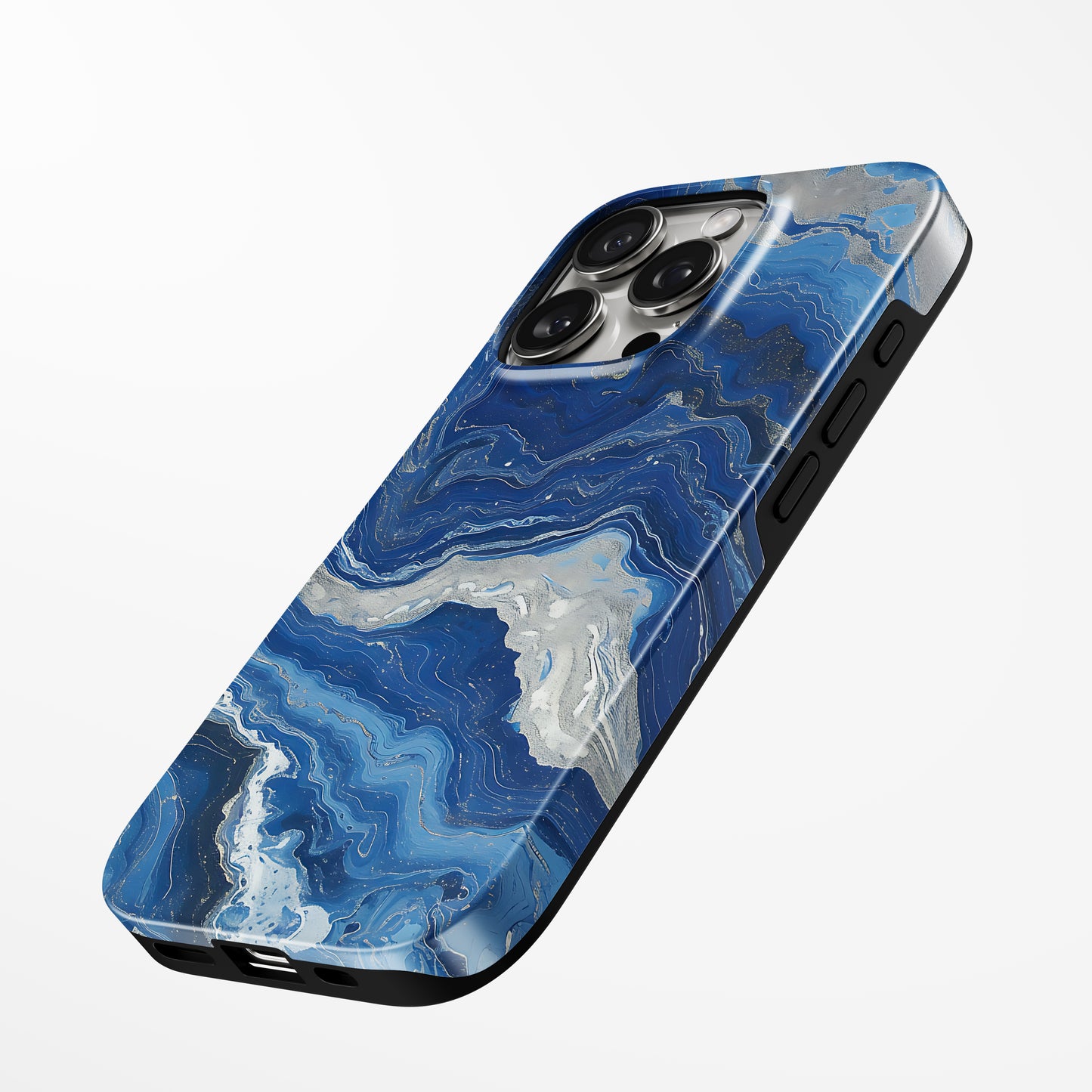 Charging port and volume up/down buttons with  Midnight Ocean Marble Iphone Tough Case by Marivor