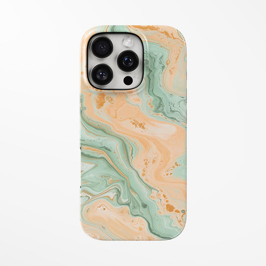 Front view of light-green; amber Minted Sunrise MagSafe Tough iPhone Case by Marivor