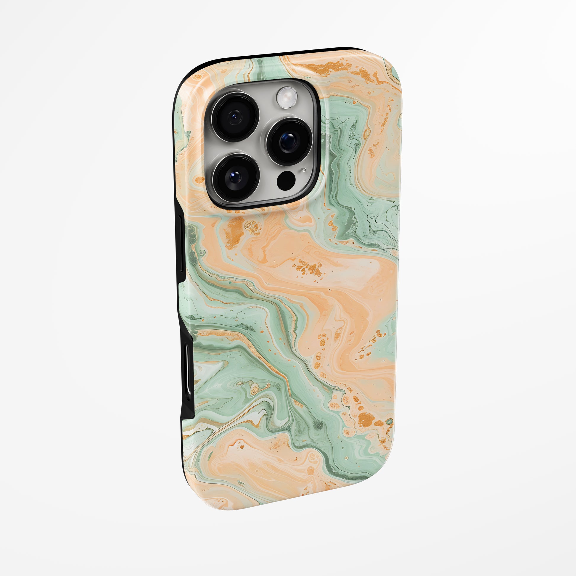 Side view of shell cover with design of  Minted Sunrise Magsafe Tough Iphone Case by Marivor