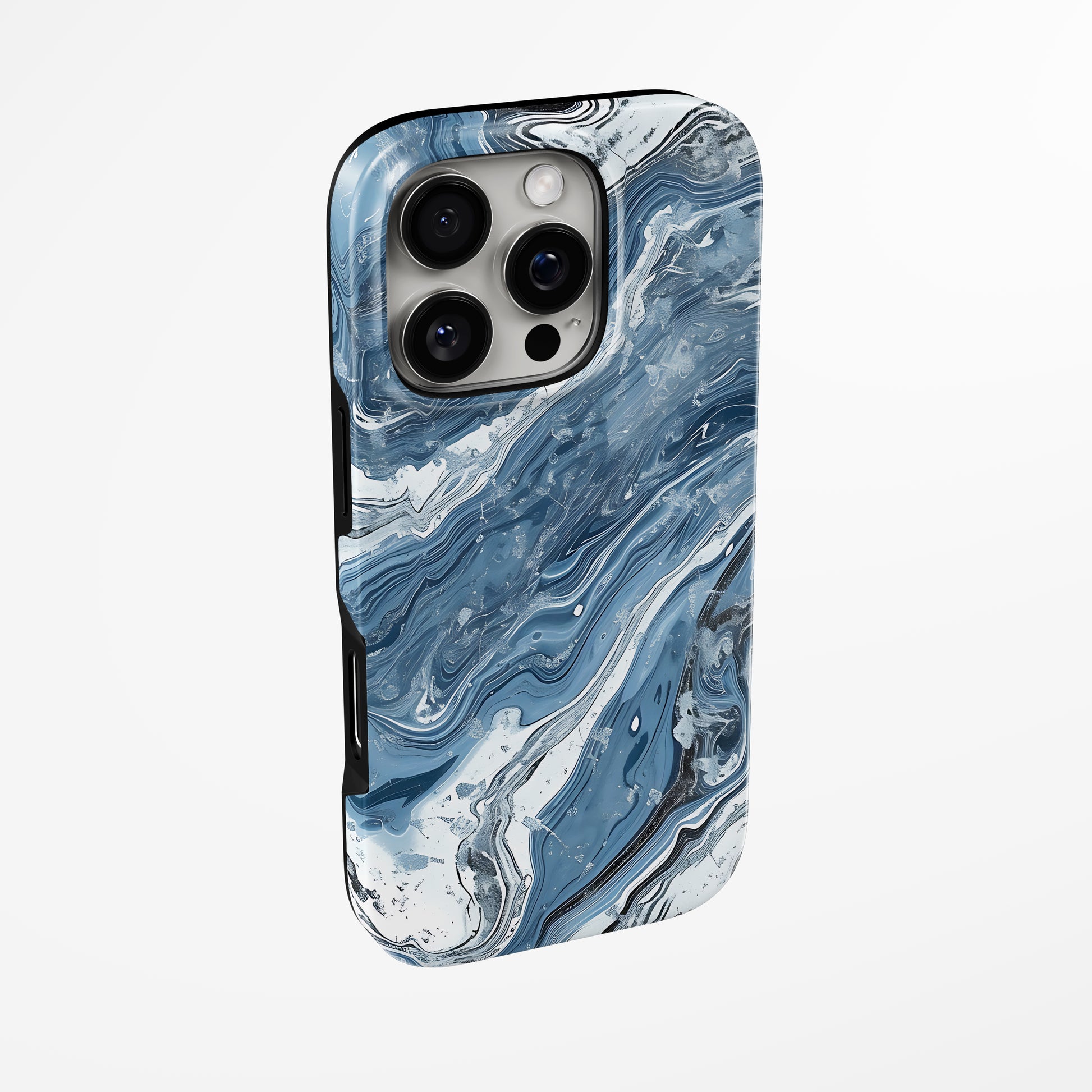 Side view of shell cover with design of  Navy Swirl Magsafe Tough Iphone Case by Marivor
