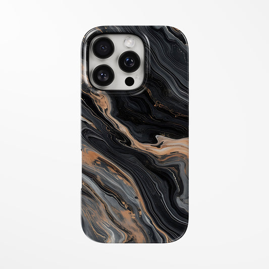 Front view of black Obsidian Gold Marble iPhone Tough Case by Marivor