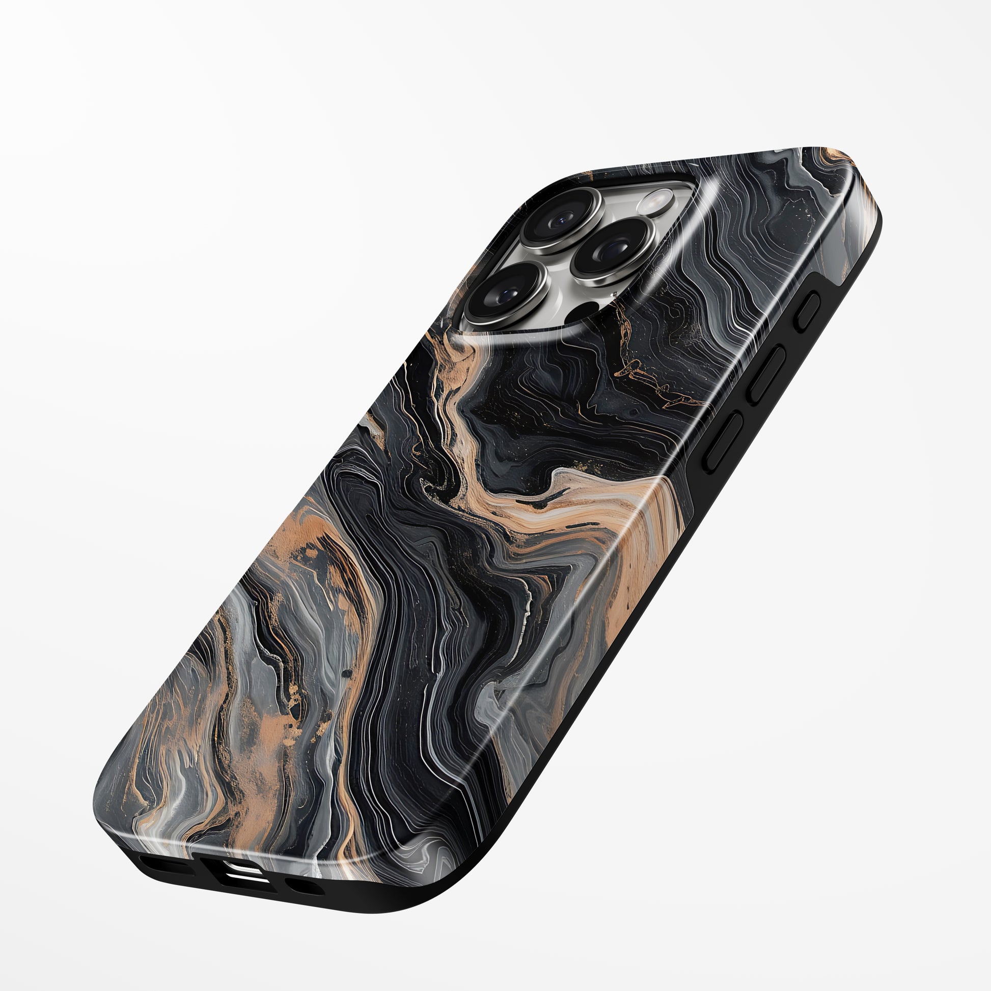 Charging port and volume up/down buttons with  Obsidian Gold Marble Iphone Tough Case by Marivor