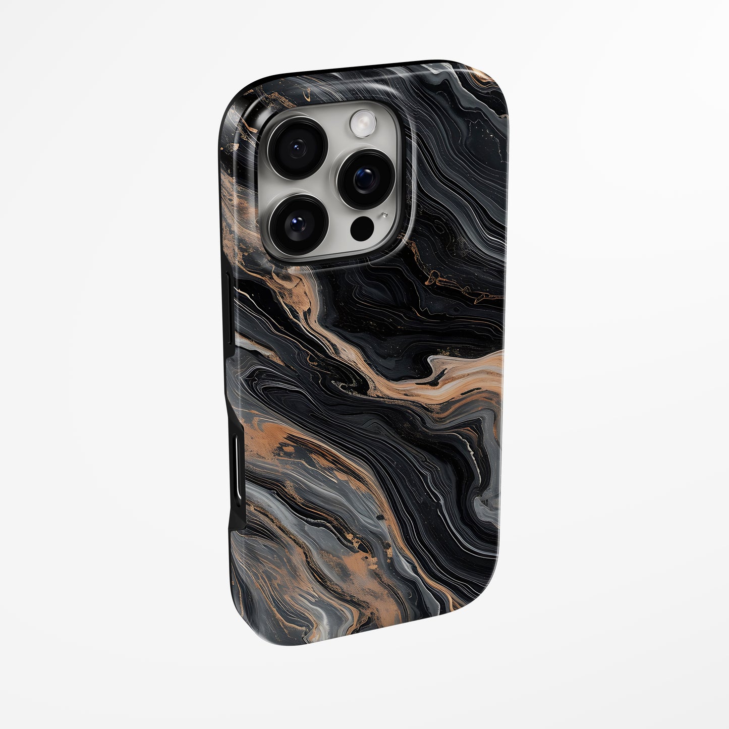 Side view of shell cover with design of  Obsidian Gold Marble Iphone Tough Case by Marivor