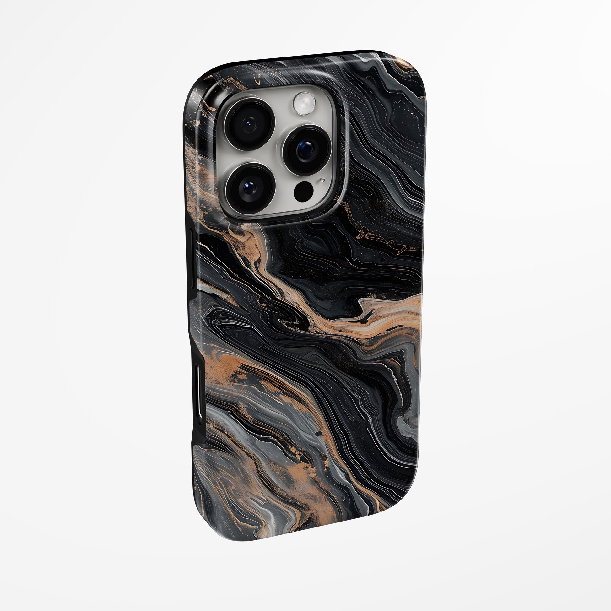 Side view of shell cover with design of  Obsidian Gold Marble Iphone Tough Case by Marivor