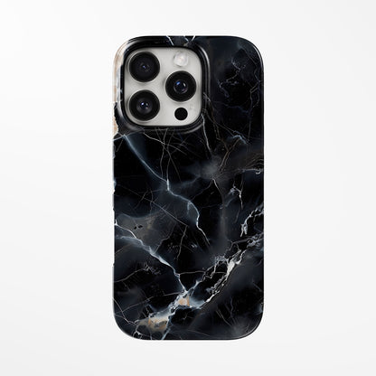 Front view of black Obsidian Marble MagSafe iPhone Tough Case by Marivor