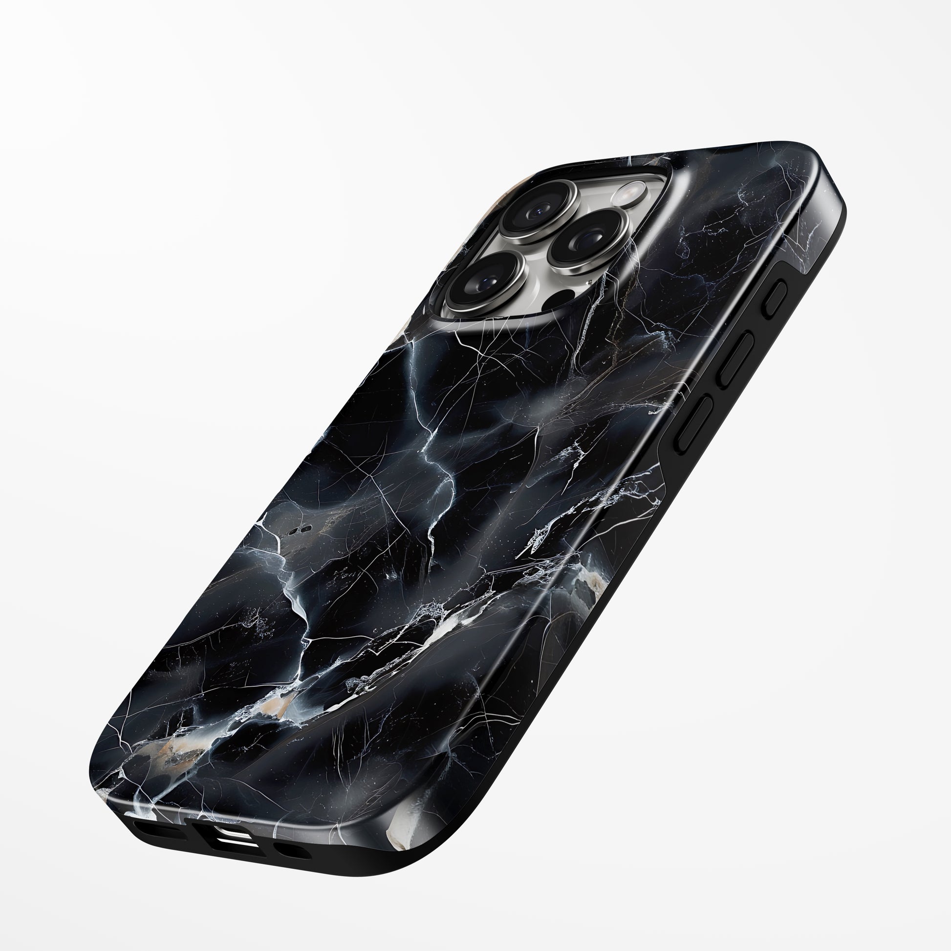 Charging port and volume up/down buttons with  Obsidian Marble Magsafe Iphone Tough Case by Marivor