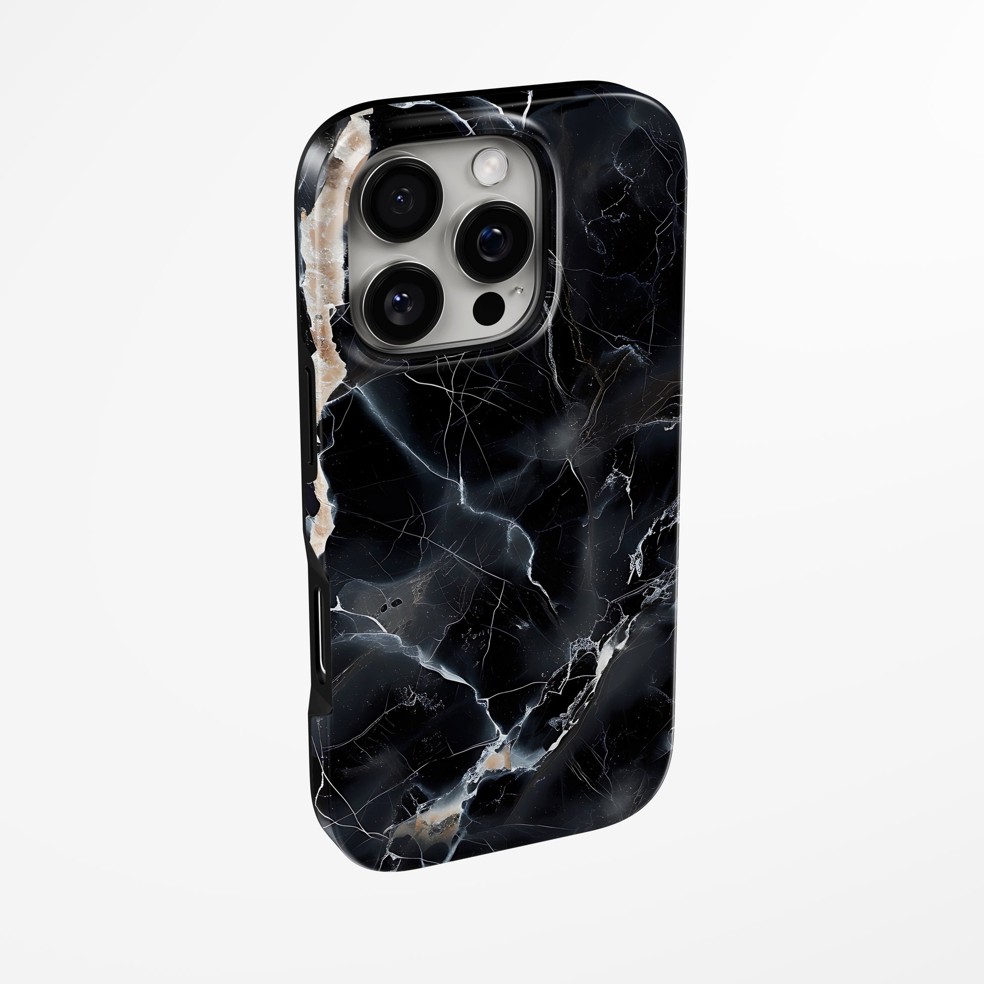 Side view of shell cover with design of  Obsidian Marble Magsafe Iphone Tough Case by Marivor