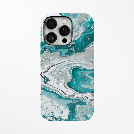 Front view of light-green; silver Silver & Turquoise Stream MagSafe iPhone Tough Case by Marivor