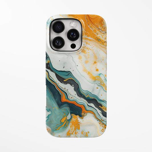 Front view of orange; multicolor; black Solar Storm MagSafe iPhone Tough Case by Marivor
