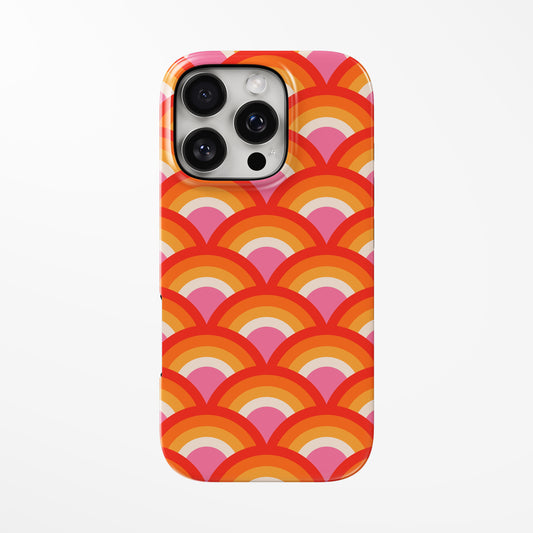 Front view of orange Sunset Disco MagSafe iPhone Tough Case by Marivor