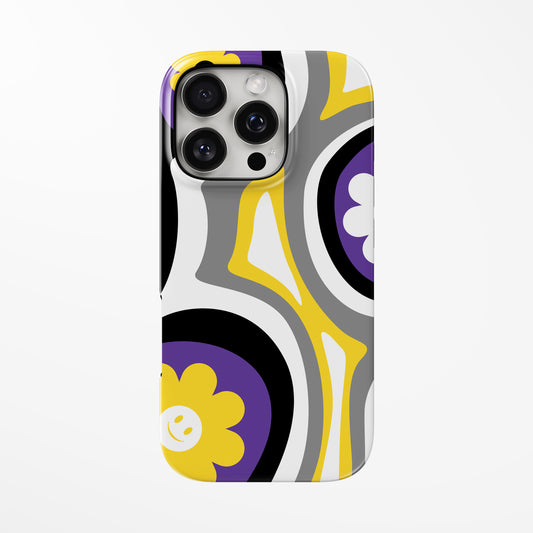 Front view of yellow; purple; silver Swirl Bloom MagSafe iPhone Tough Case by Marivor