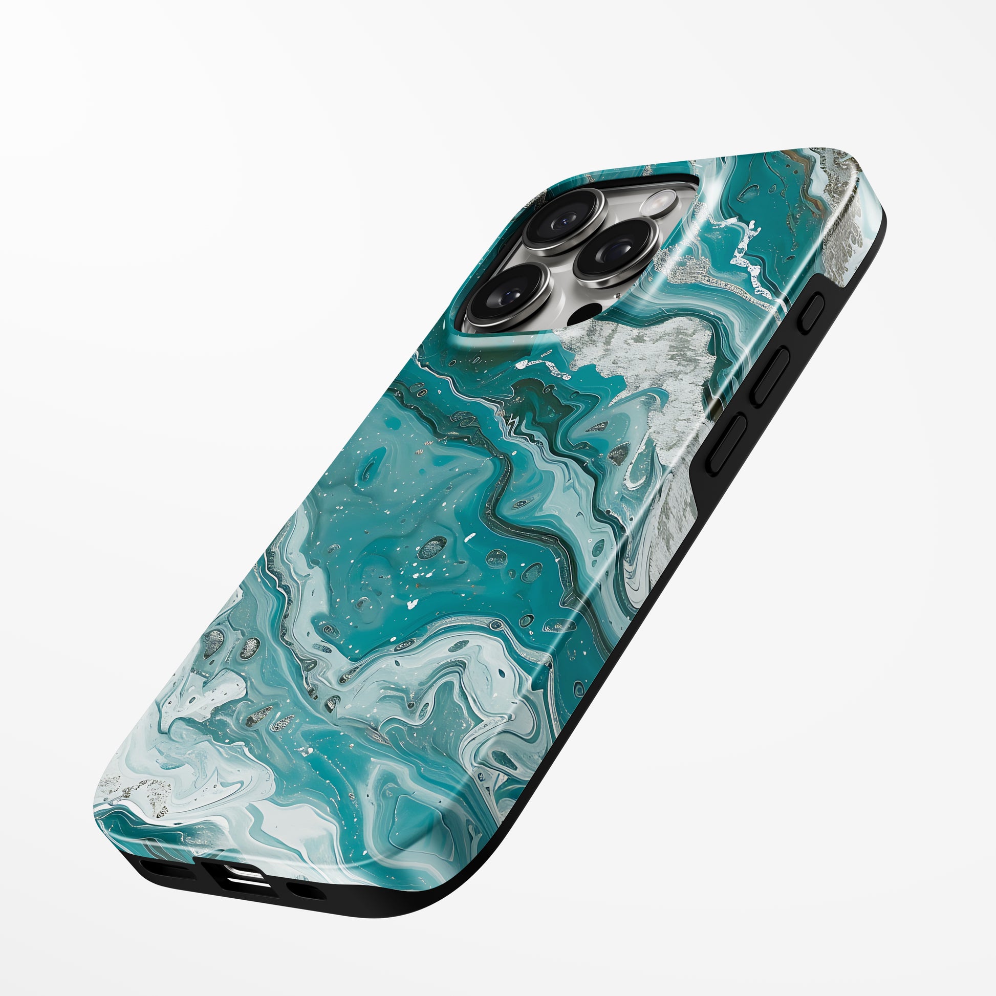 Charging port and volume up/down buttons with  Turquoise Drift Magsafe Iphone Tough Case by Marivor