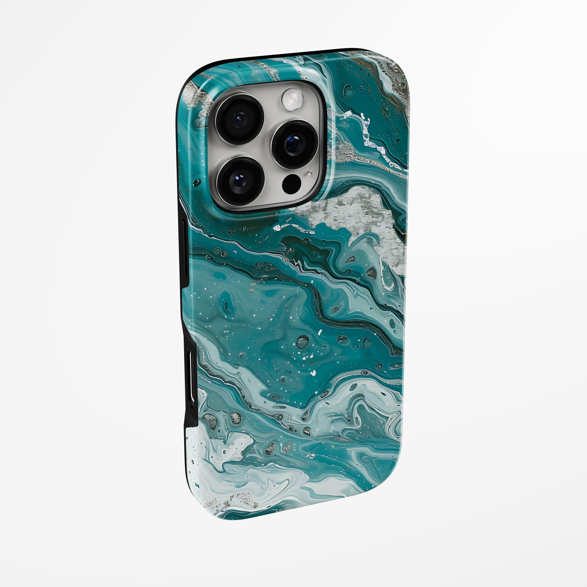 Side view of shell cover with design of  Turquoise Drift Magsafe Iphone Tough Case by Marivor